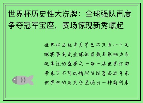 世界杯历史性大洗牌:全球强队再度争夺冠军宝座,赛场惊现新秀崛起